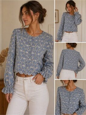 Zara cotton light blue embroidered  blouse  size XS
